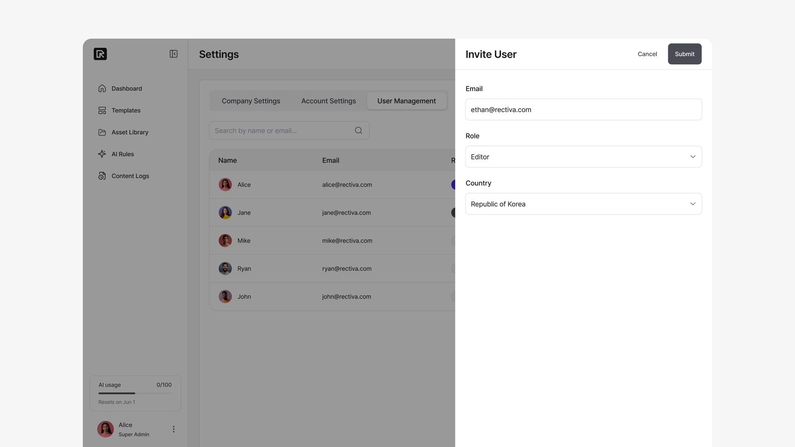 The Invite User panel where you set email, role, and country