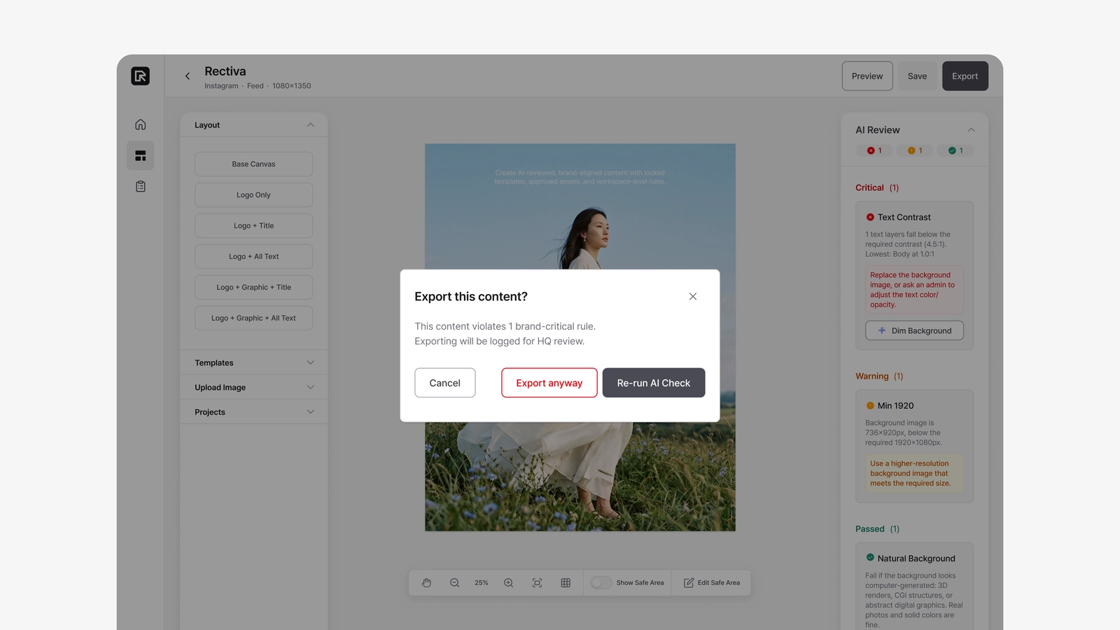 Export confirmation dialog showing Critical violations
