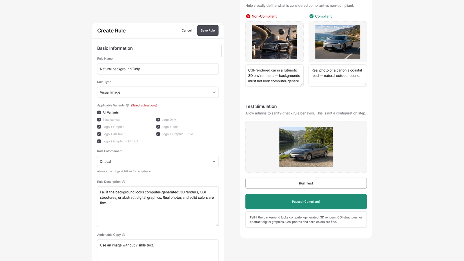 The rule panel, showing Basic Information, enforcement level, Auto-fix, and Sample Assets