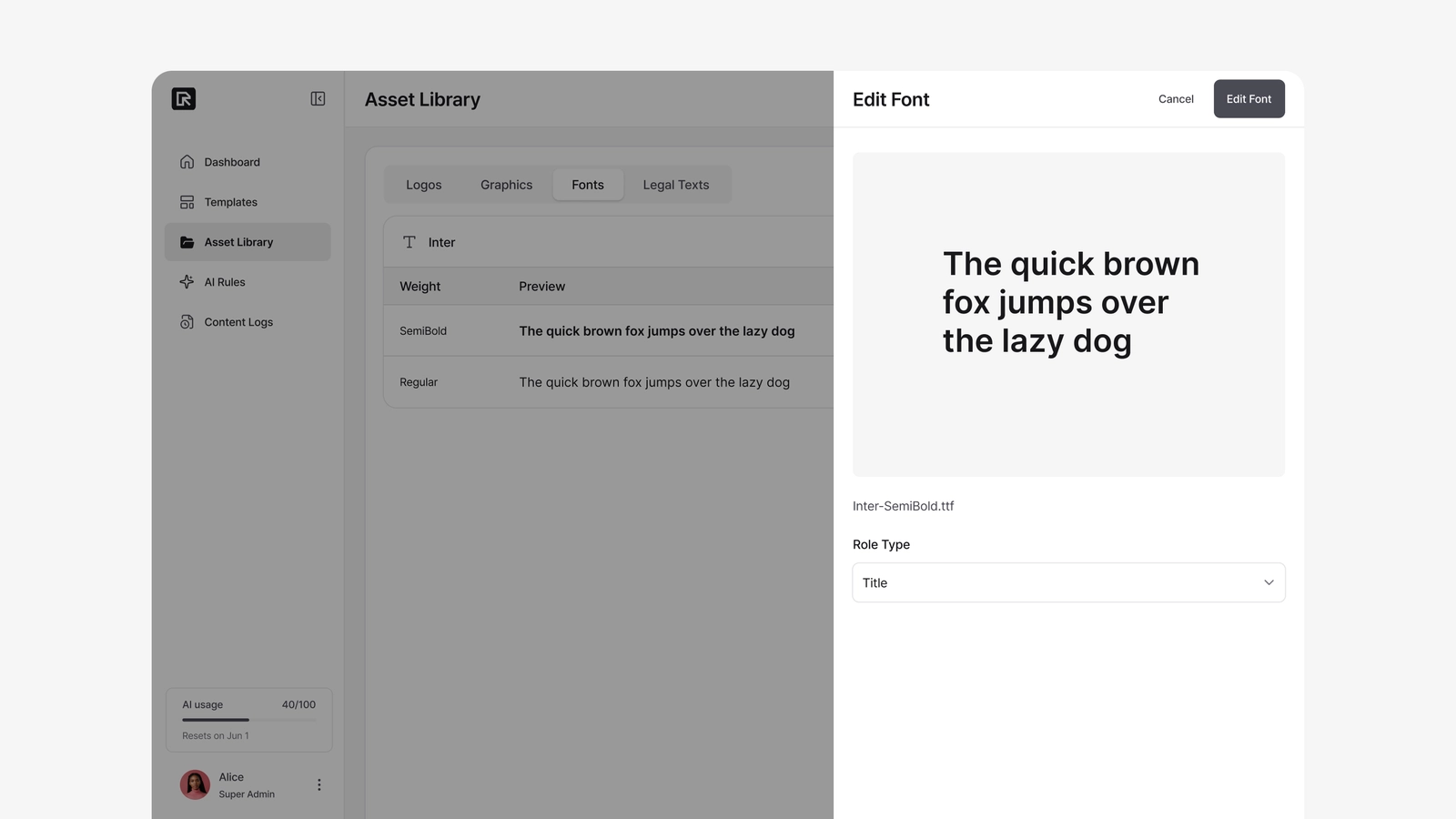 The Asset Library, with assets organized into four tabs