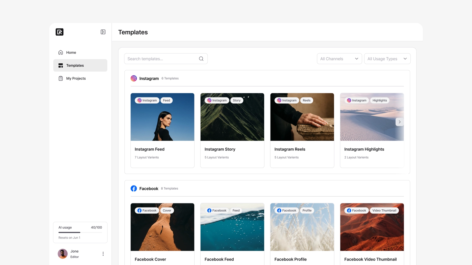 Browse templates grouped by channel on the Templates page