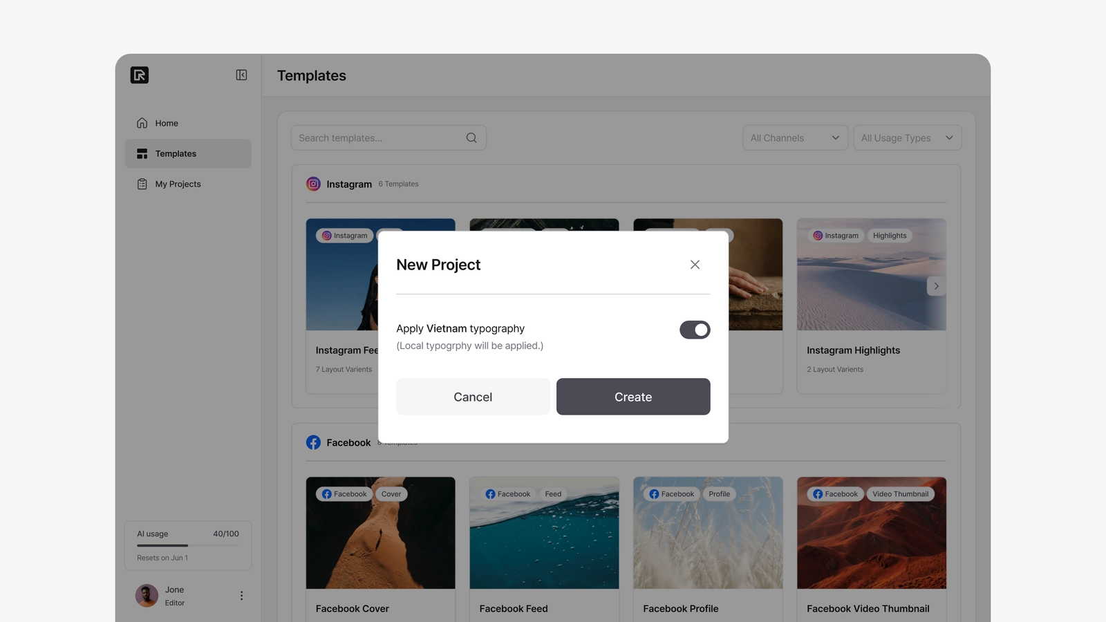 The New Project dialog with the apply local typography toggle