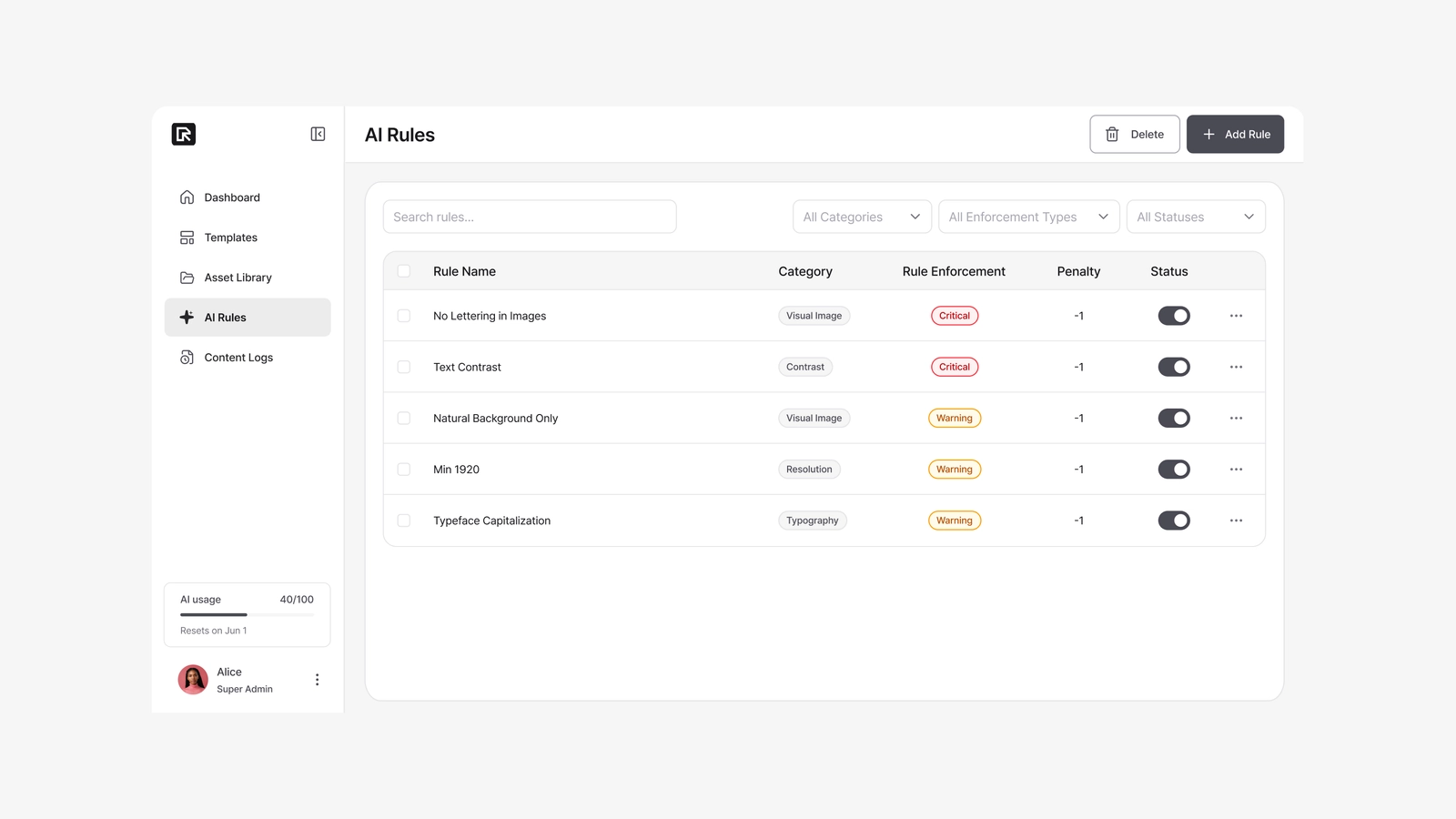 The AI Rules screen with Critical and Warning rules