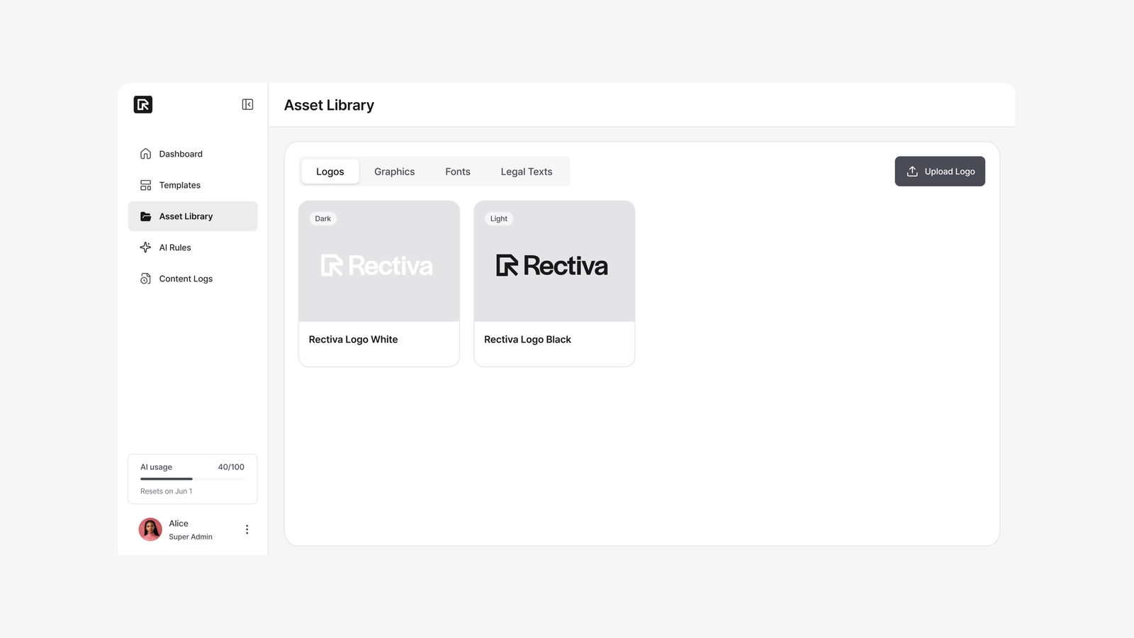 The Asset Library holding logos, fonts, and brand graphics