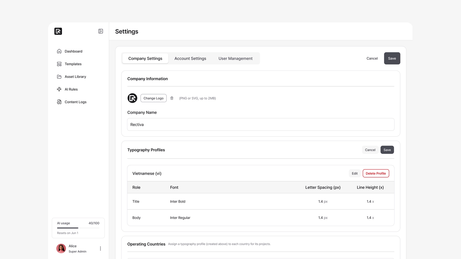 A typography profile setting line-height and letter-spacing per language