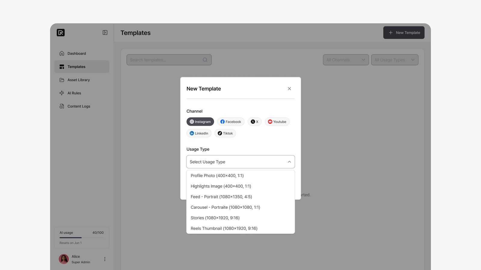 Creating a template by choosing channel and usage type
