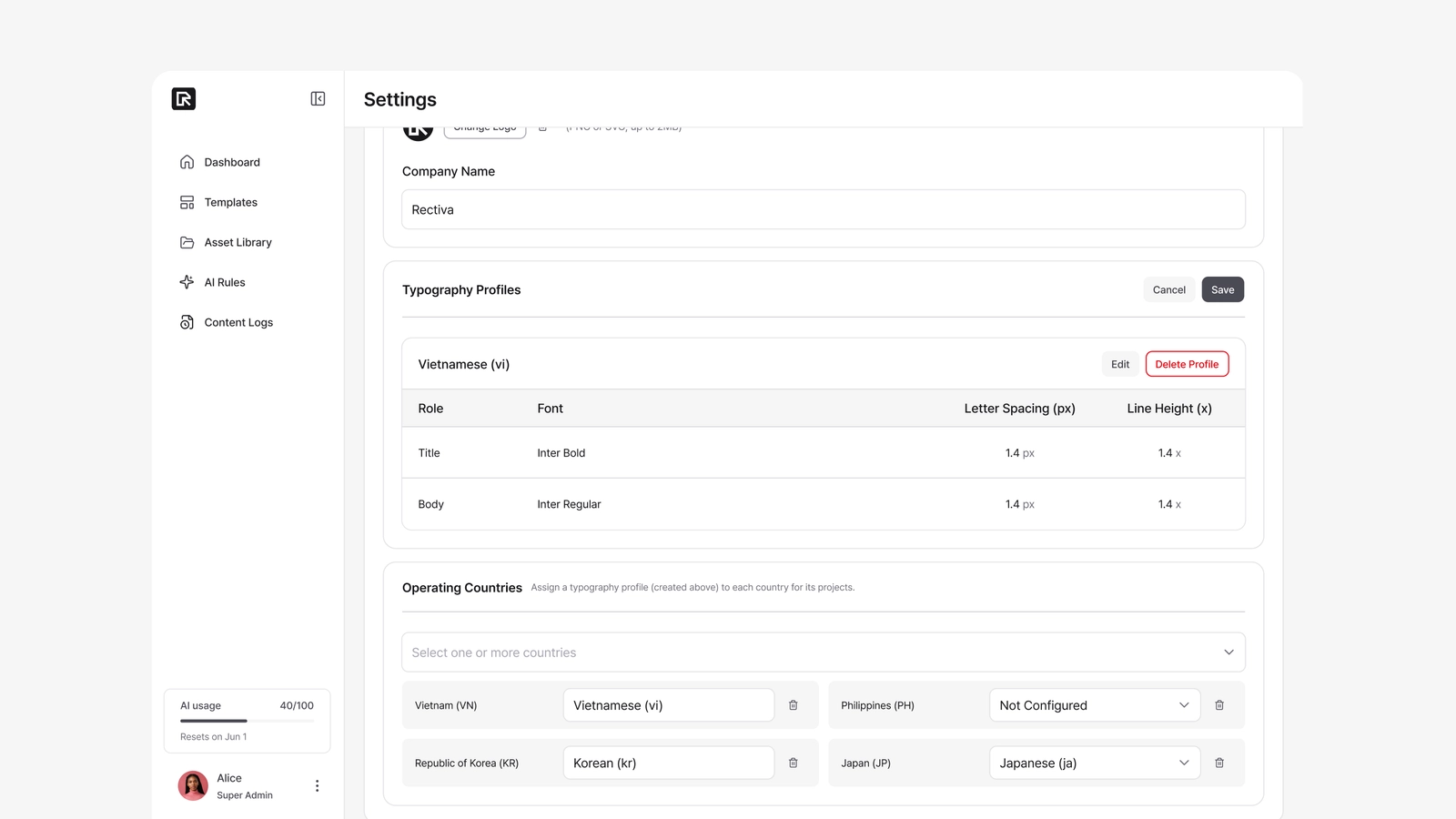 Connecting a typography profile to a country