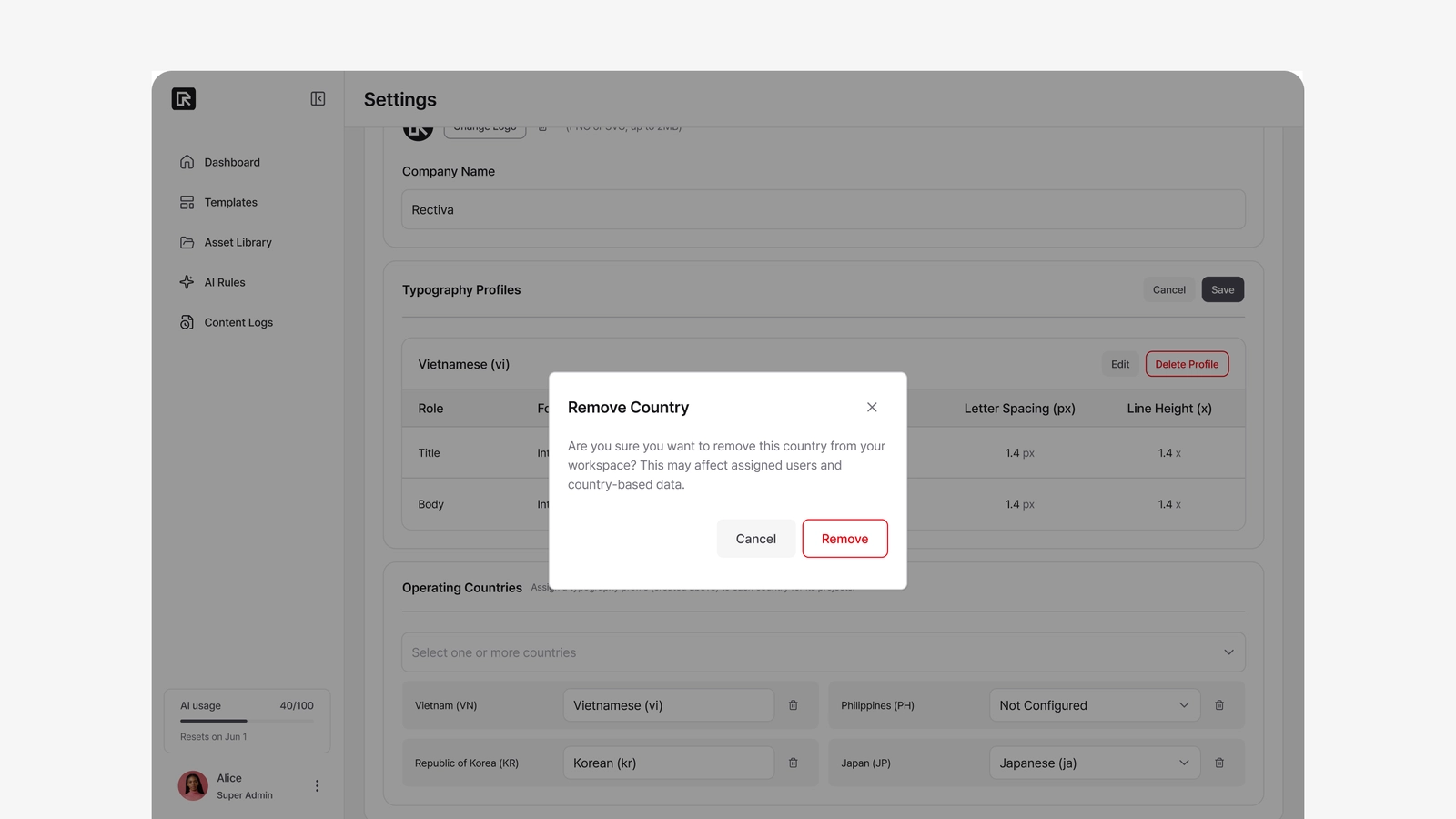 Deleting a profile shows which countries are connected