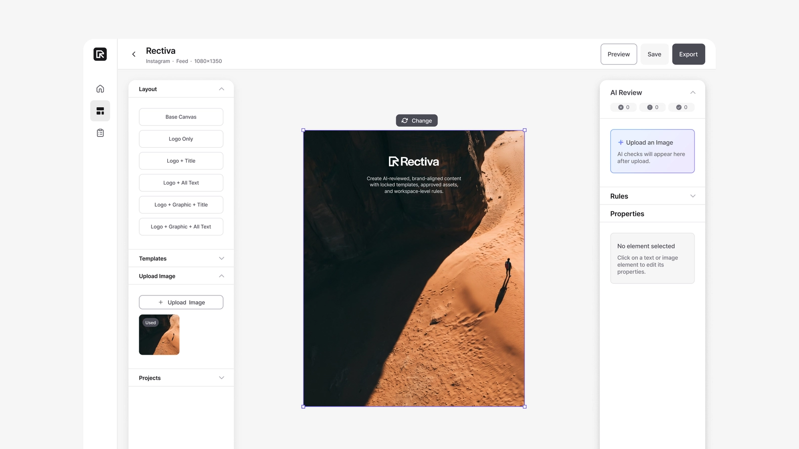 Upload or swap an image with Upload Image and the Change button